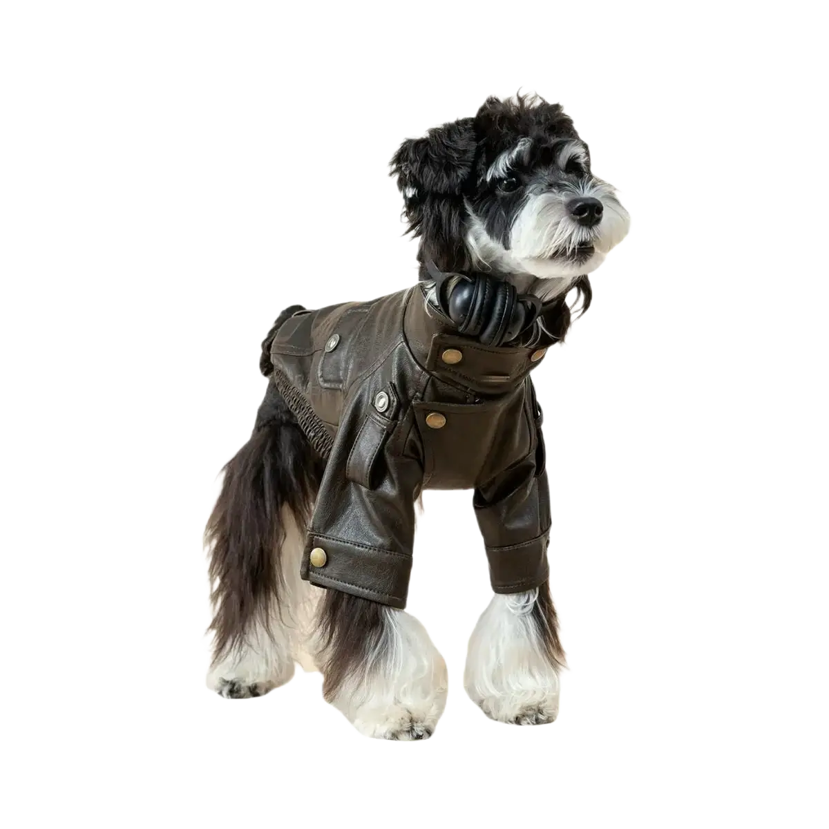 A black and white dog wearing a dark brown faux leather jacket with gold toned buttons warm coat