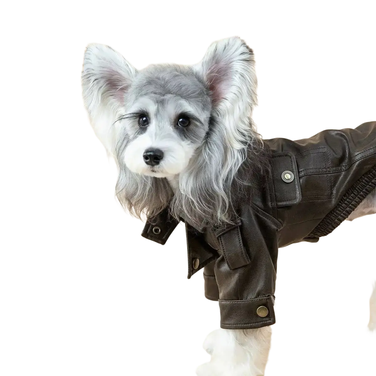 Brown faux leather dog jacket with snap buttons and flap pockets designed as a warm coat for dogs