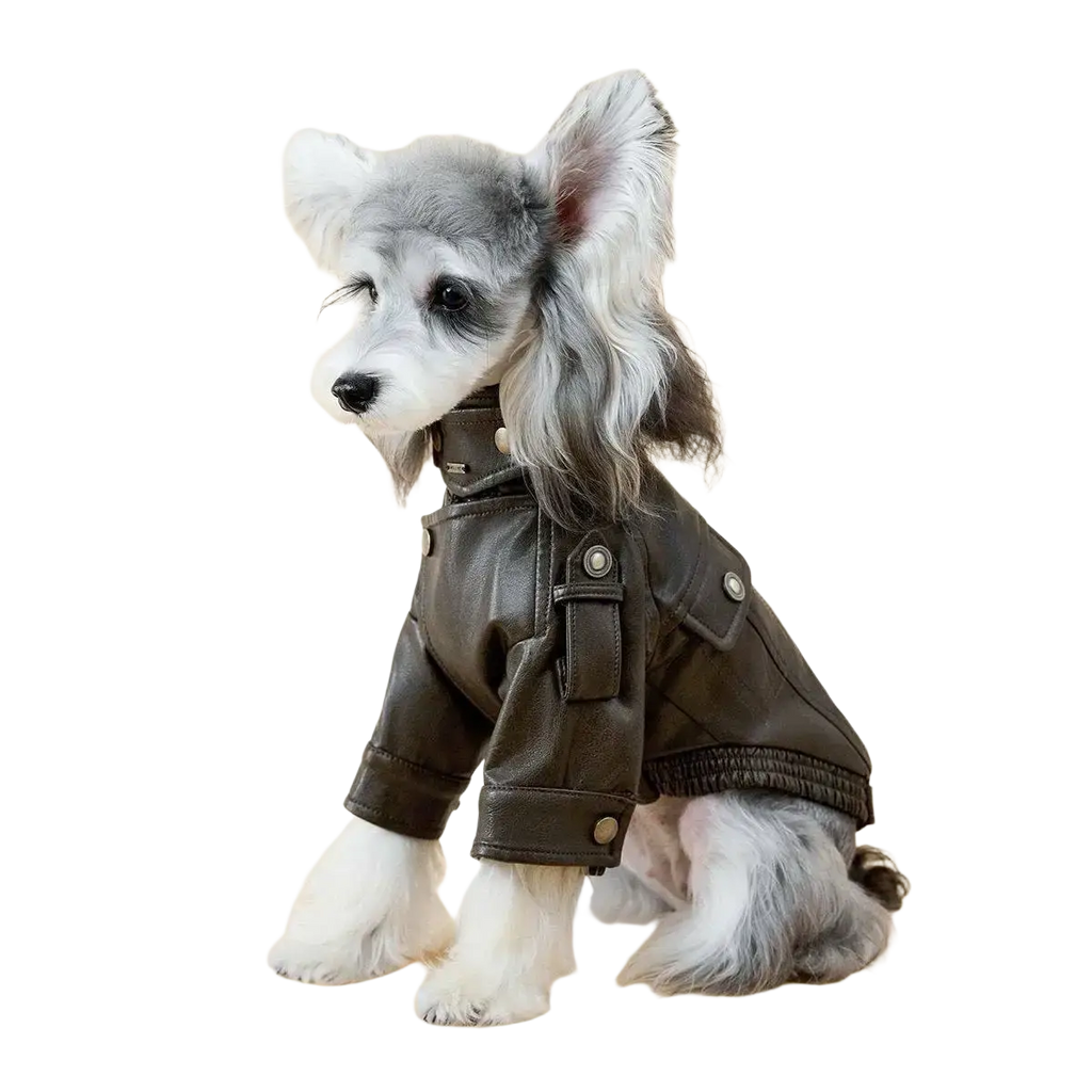 A sleek dark brown faux leather dog jacket with silver buttons and collar detail for warmth and style