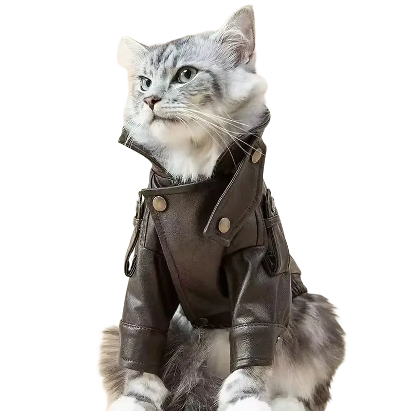 A sleek dark brown faux leather dog jacket with gold-toned buttons and a classic collar for warmth