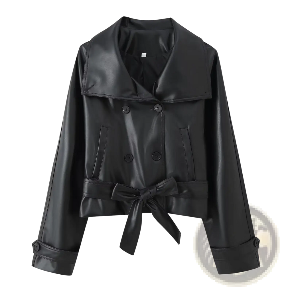 Black faux leather trench coat with wide collar double-breasted front and tied waist belt front view