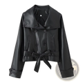 Black faux leather trench coat with wide collar double-breasted front and tied waist belt front view