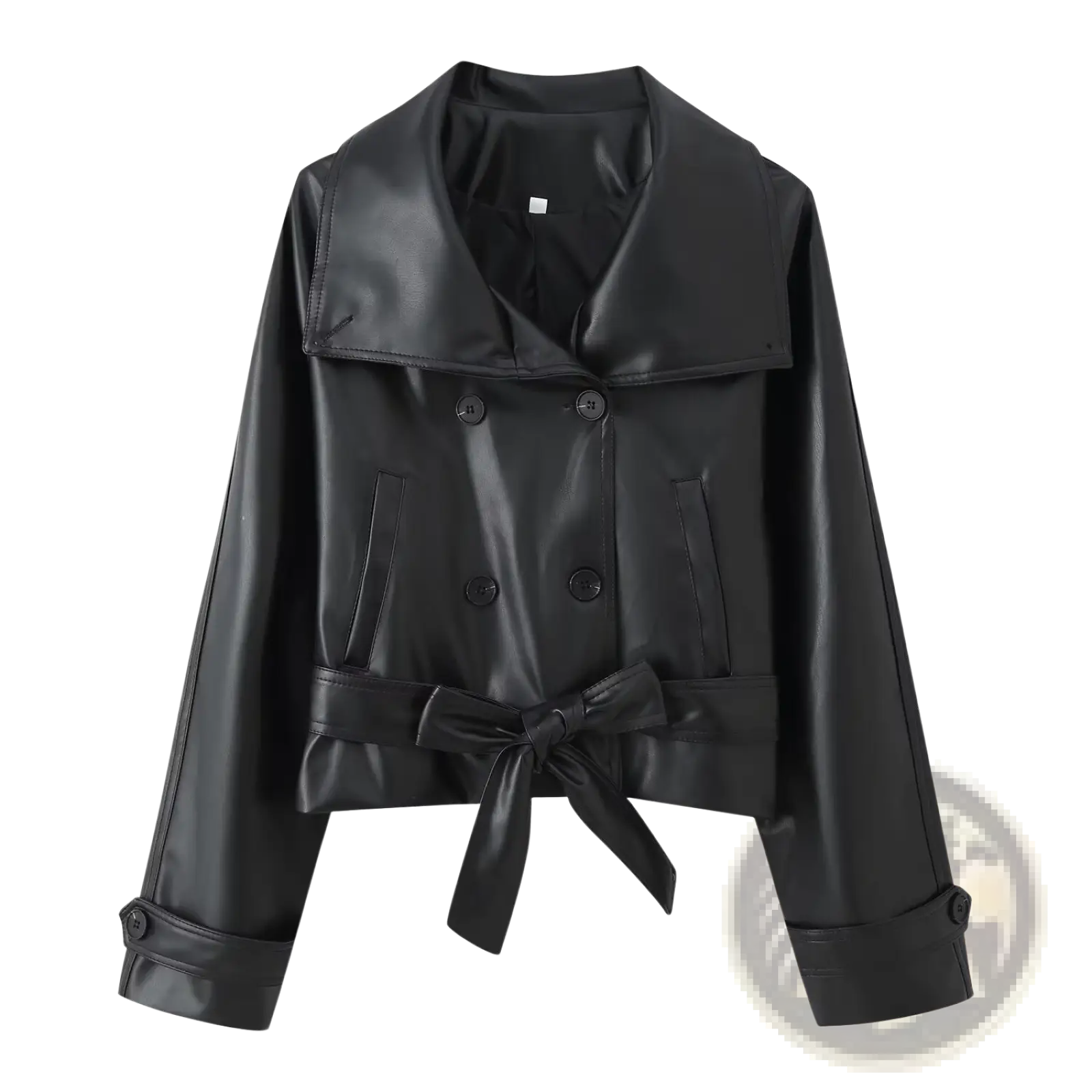 Black faux leather trench coat with wide collar double-breasted front and tied waist belt front view