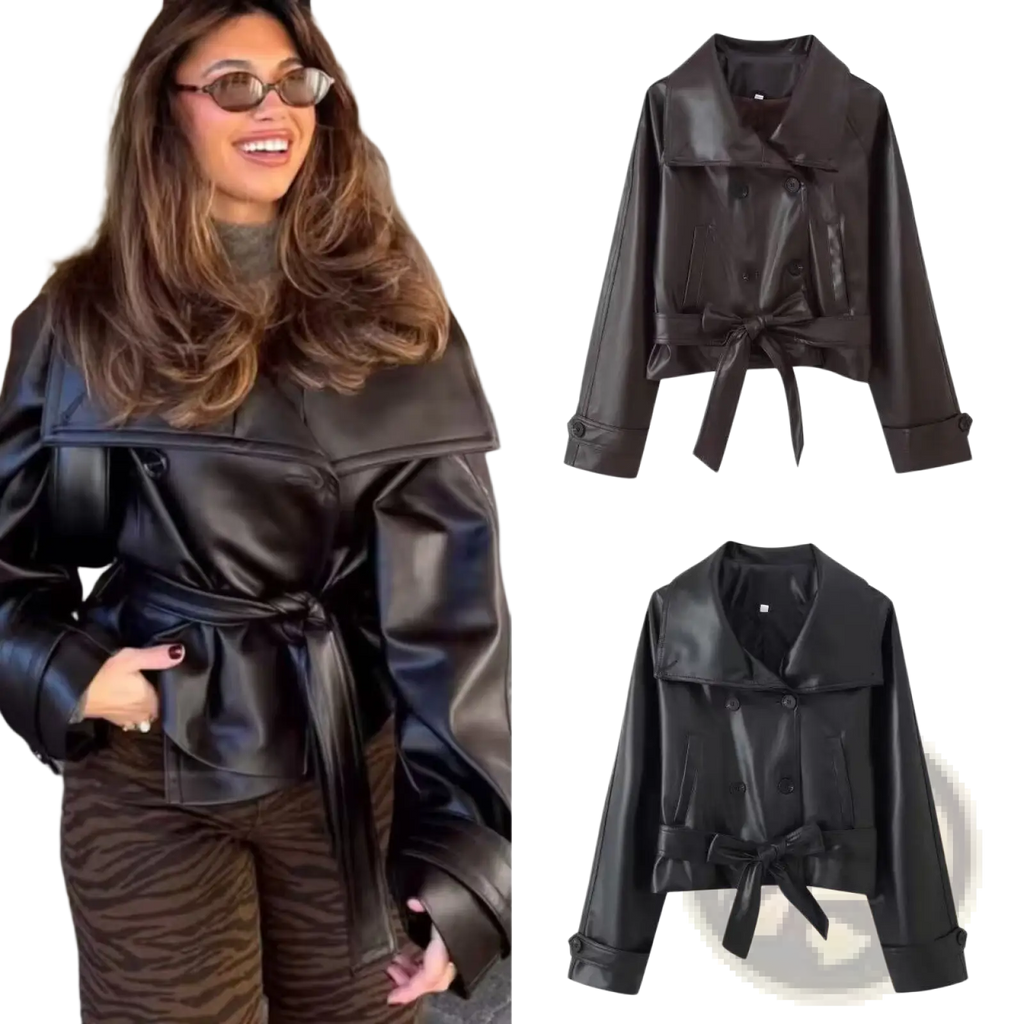 Black faux leather double breasted belted trench coat with collar for stylish outerwear