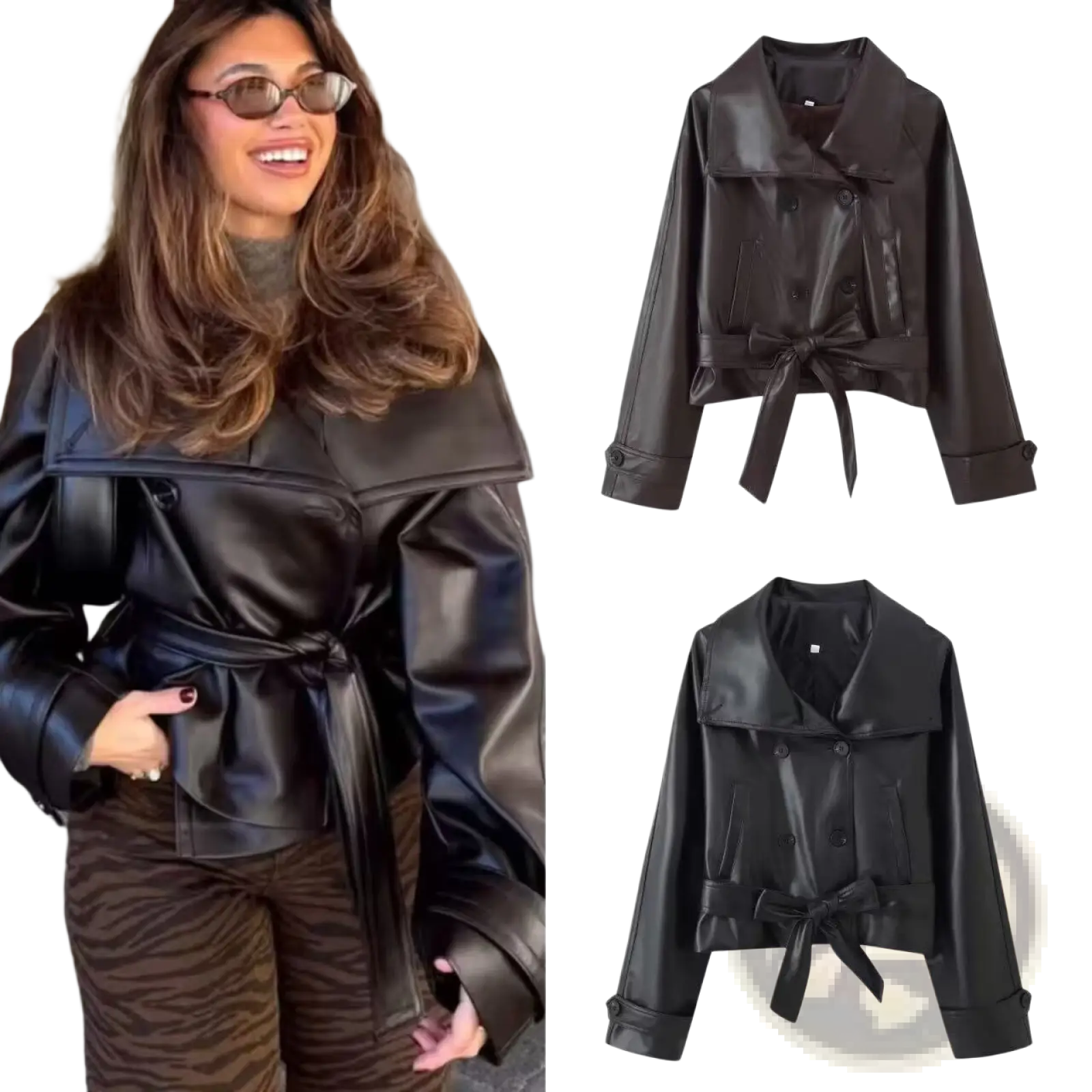Black faux leather double breasted belted trench coat with collar for stylish outerwear