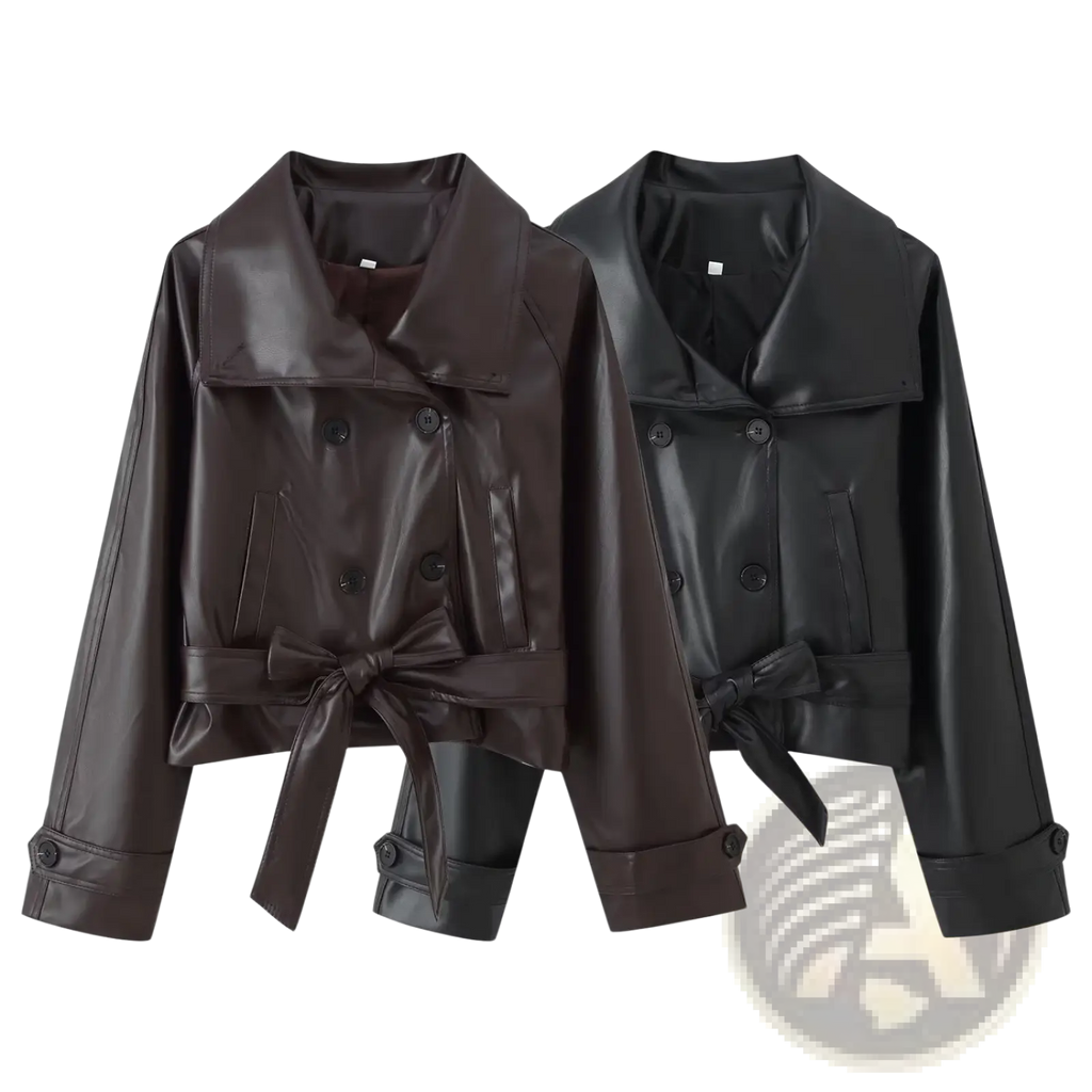 A sleek double breasted faux leather trench coat in rich brown and black with a belted waist and tied fabric detail