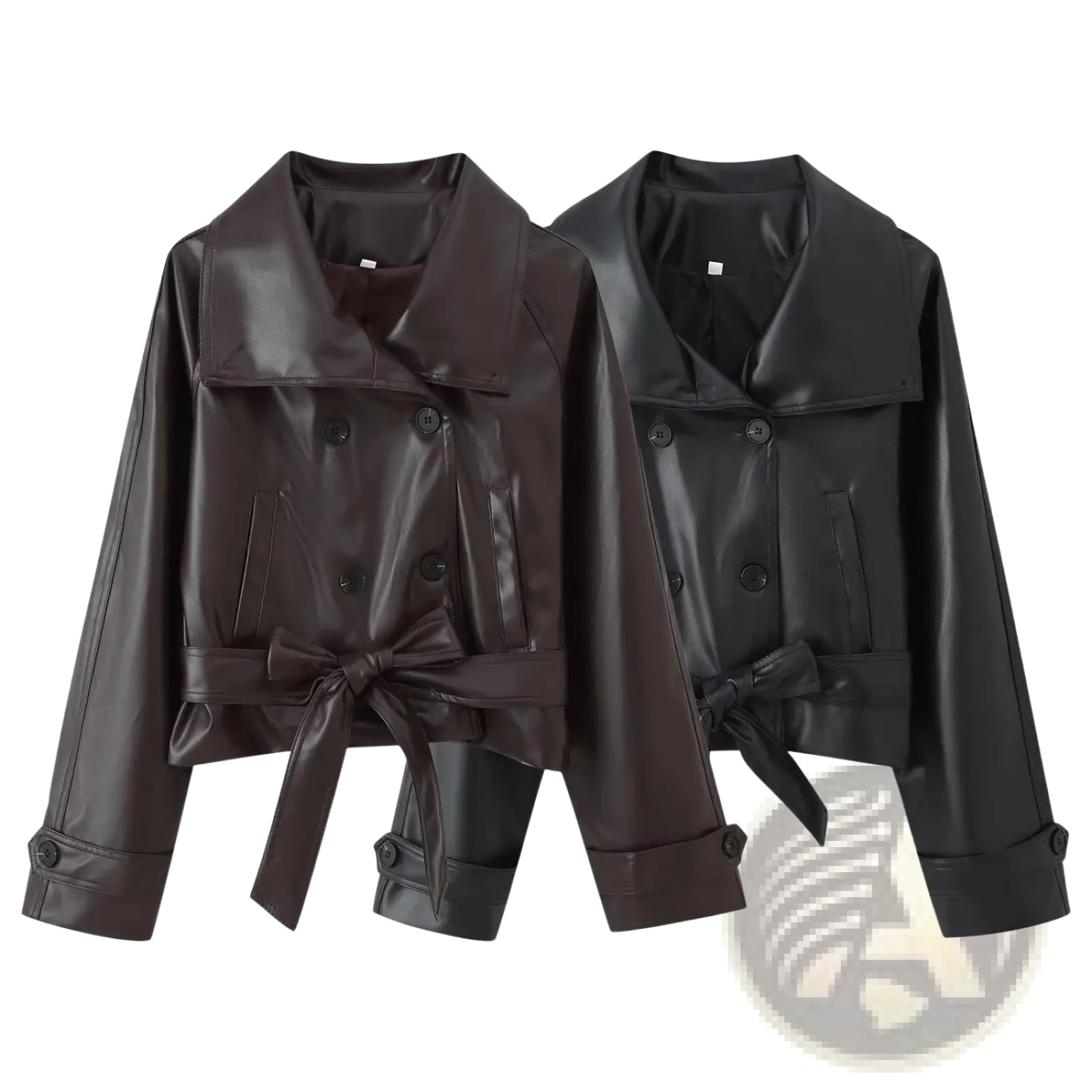 A sleek double breasted faux leather trench coat in rich brown and black with a belted waist and tied fabric detail