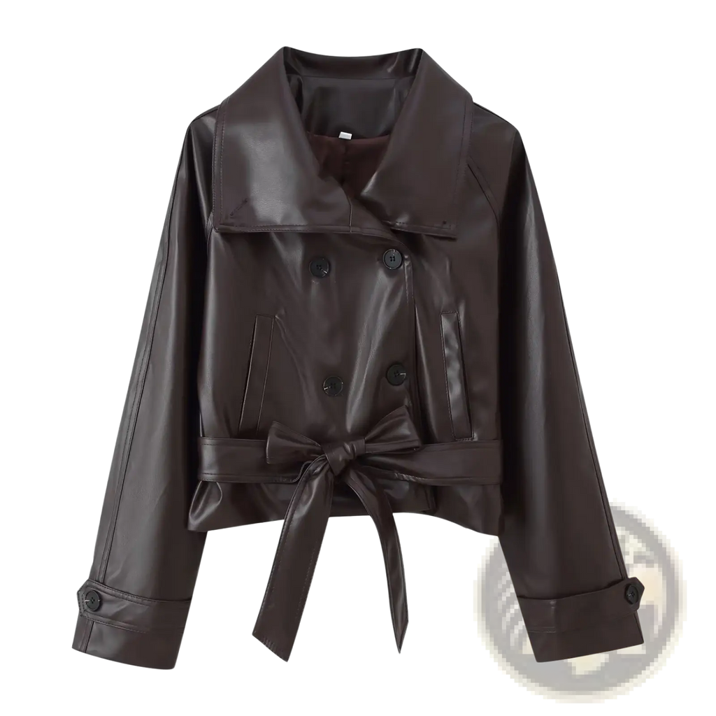 A sleek dark brown faux leather trench coat with double-breasted front and tied waist belt