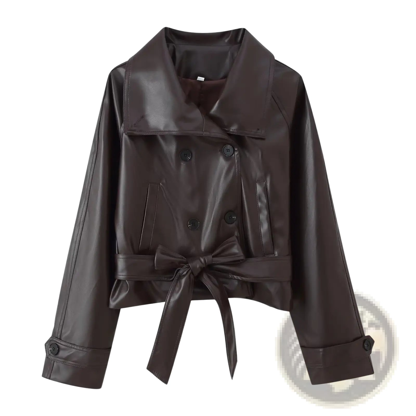 A sleek dark brown faux leather trench coat with double-breasted front and tied waist belt