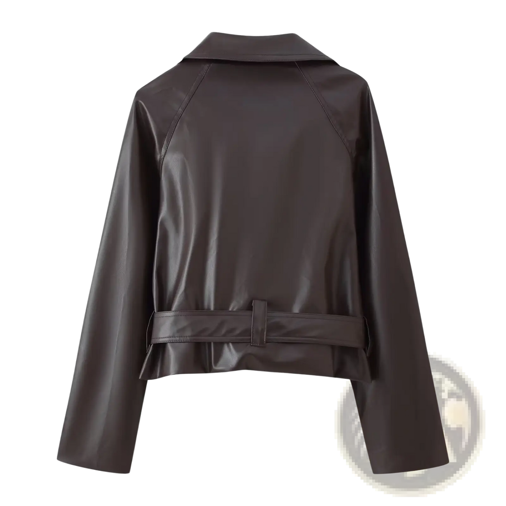 A sleek dark brown faux leather double breasted belted trench coat with wide sleeves and moto jacket style