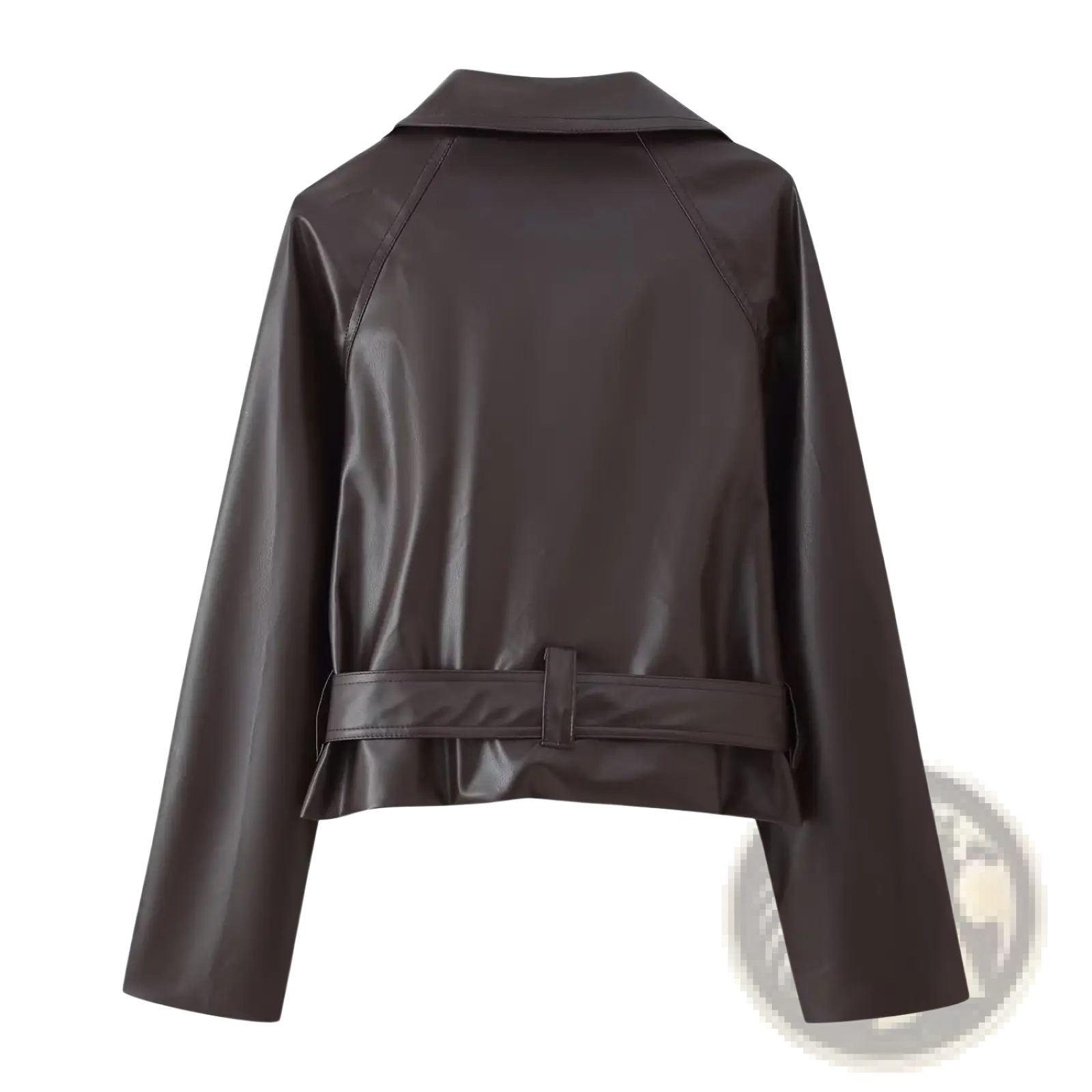 A sleek dark brown faux leather double breasted belted trench coat with wide sleeves and moto jacket style