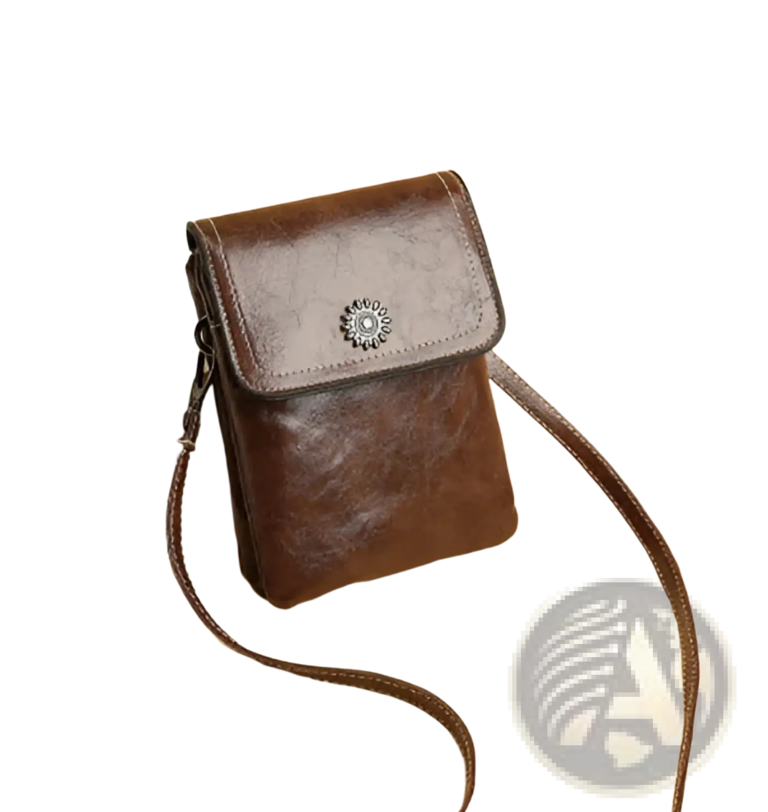 Brown faux leather crossbody phone bag with silver floral clasp designed for stylish everyday use