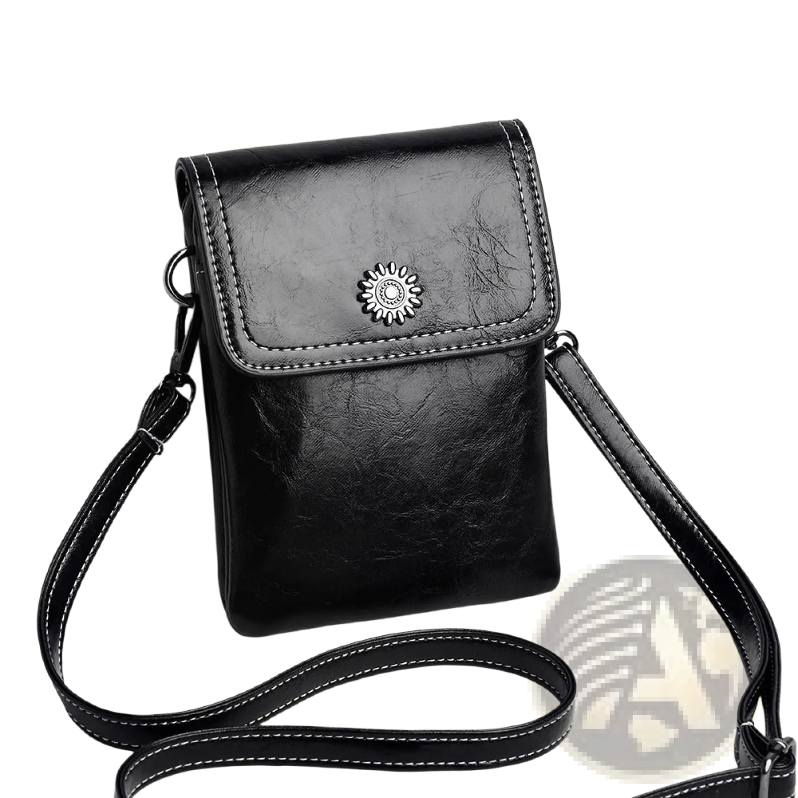 Black faux leather crossbody phone bag with silver sunburst clasp and white stitching from faux leather floral and sunburst collection