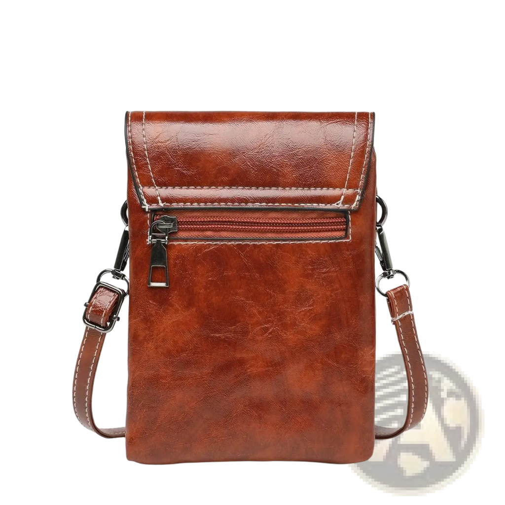 Brown faux leather crossbody phone bag with floral sunburst design and flap closure featuring zipper pocket