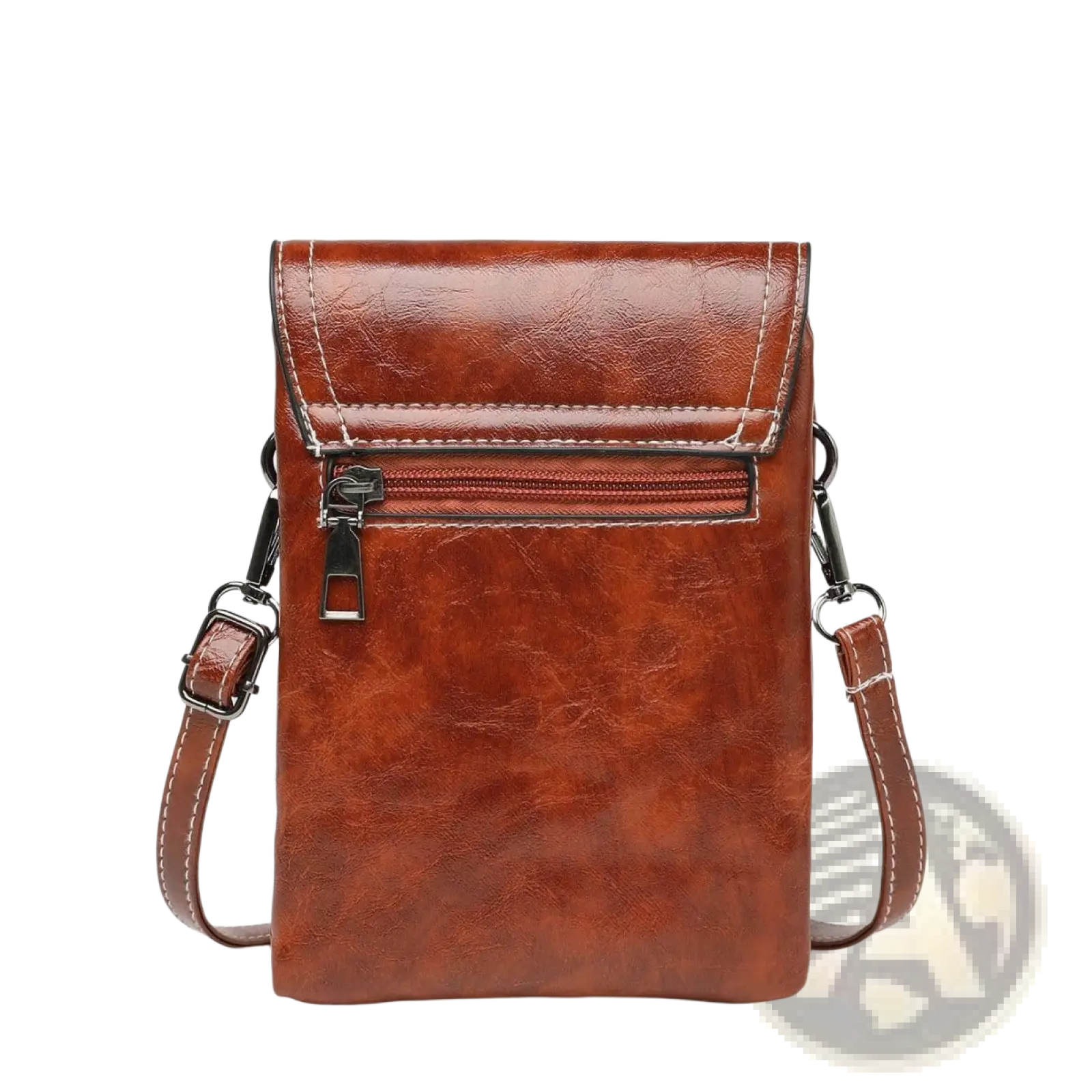 Brown faux leather crossbody phone bag with floral sunburst design and flap closure featuring zipper pocket