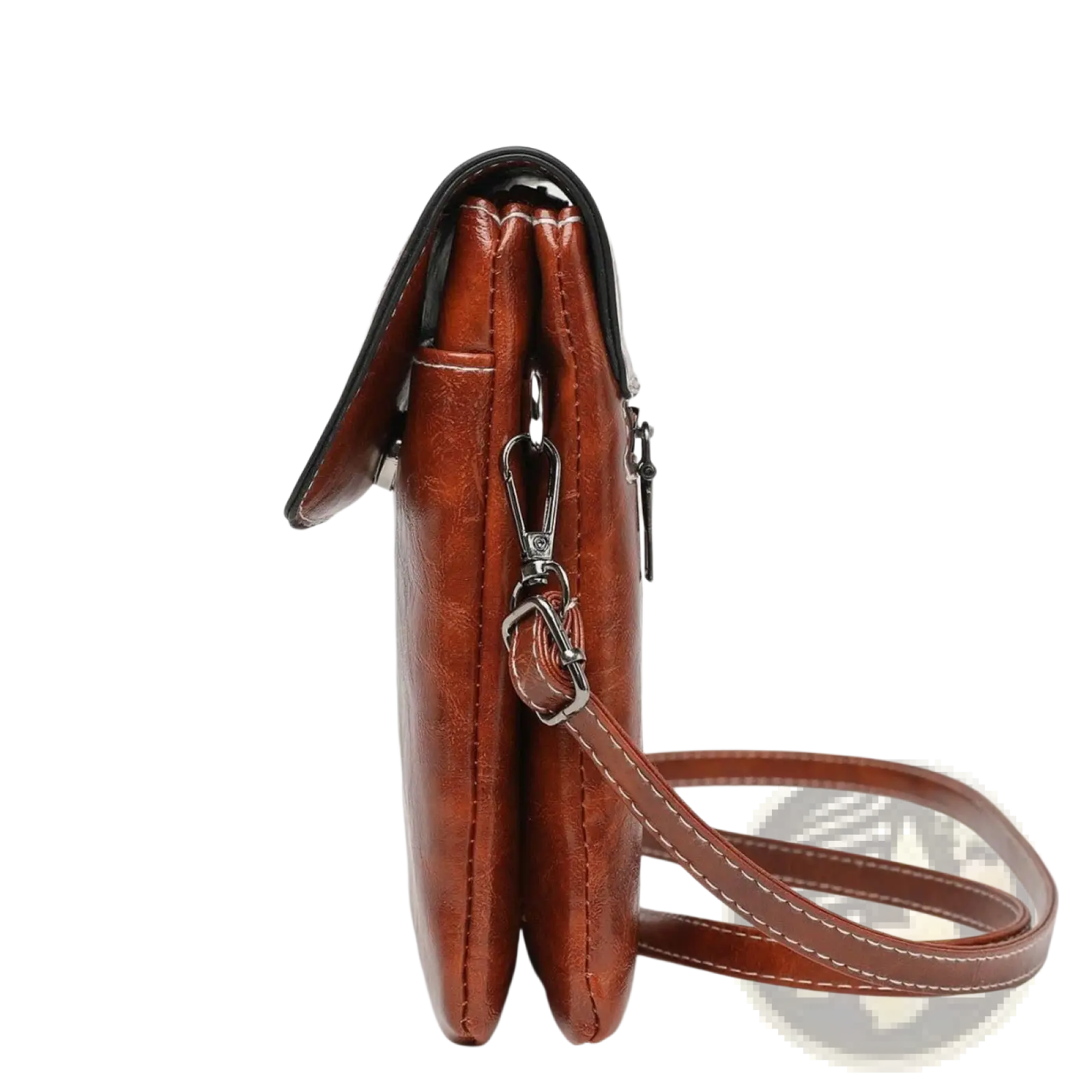 Brown faux leather floral and sunburst crossbody phone bag with black trim and silver-toned hardware