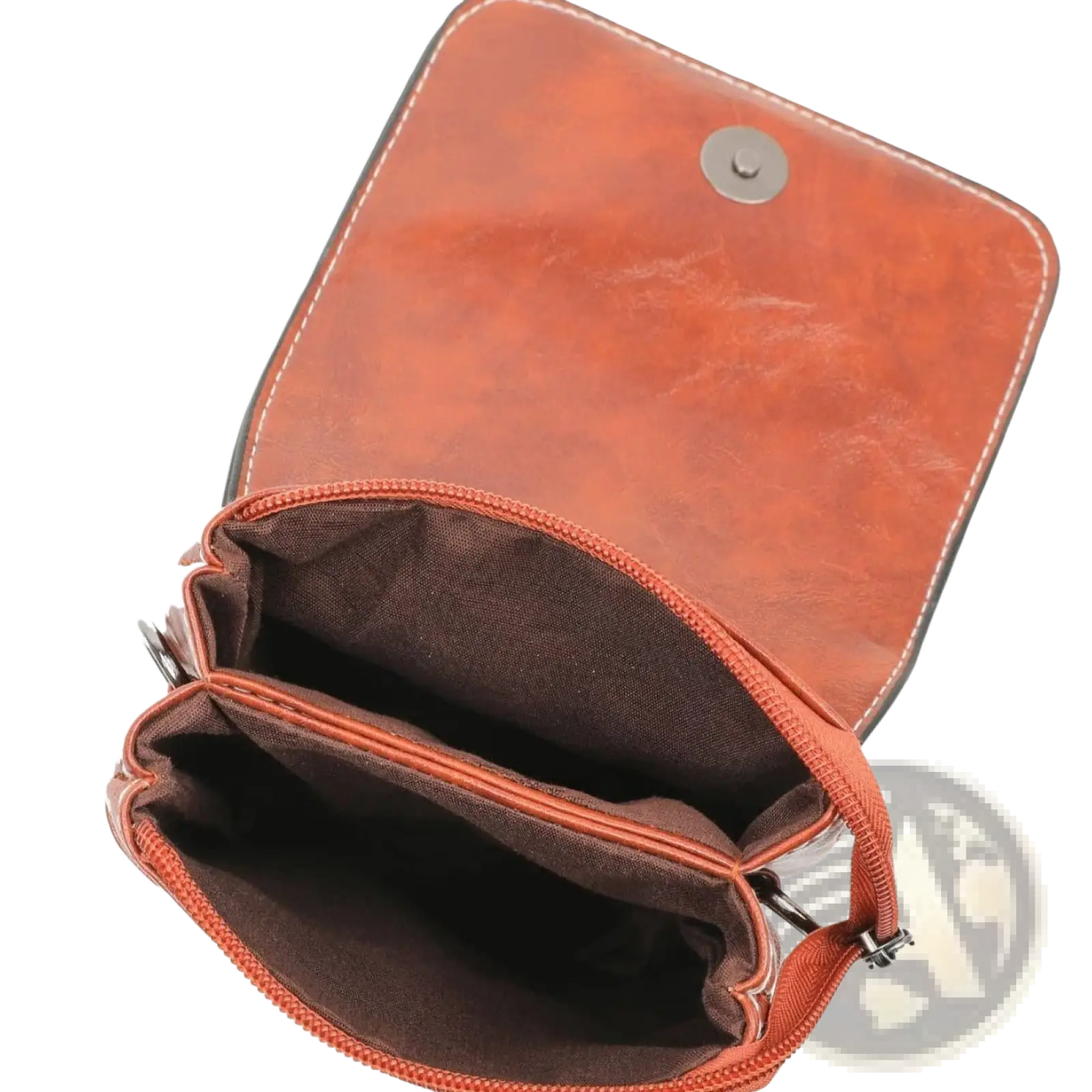 A tan faux leather floral and sunburst crossbody phone bag with zipper closure and dark brown interior lining