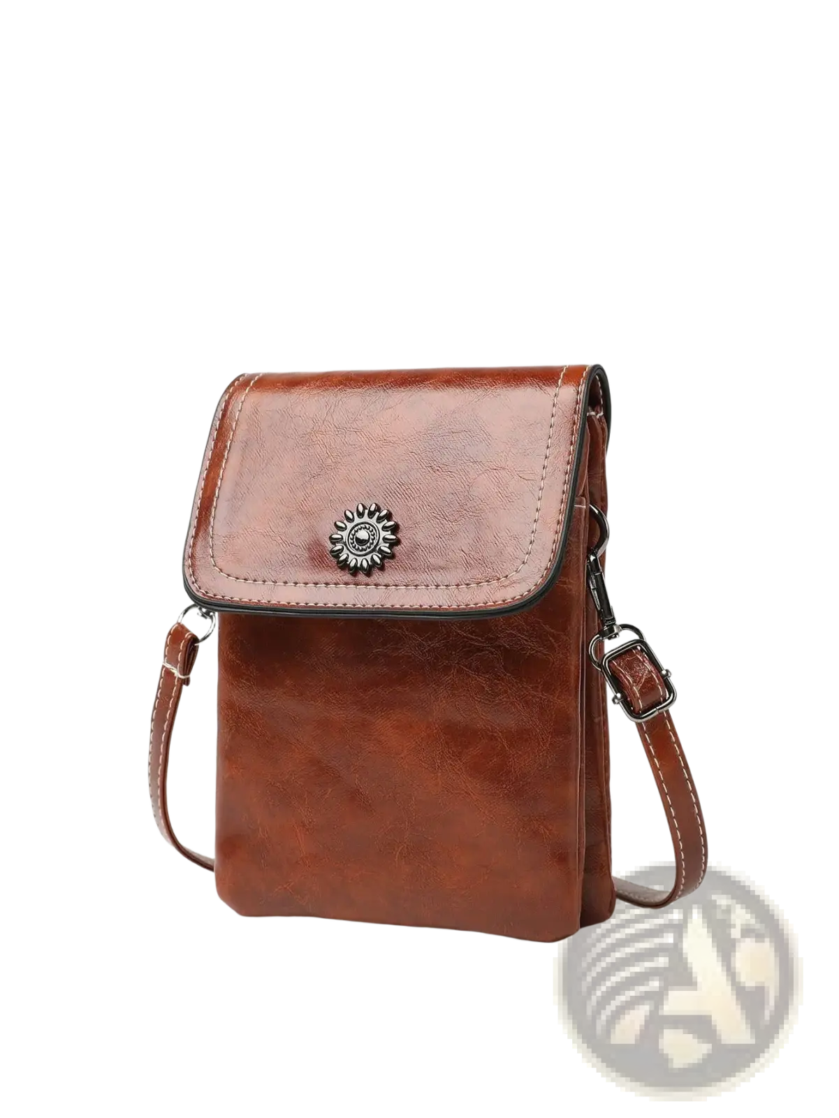 Brown faux leather floral crossbody phone bag with silver sunburst clasp and contrasting stitching