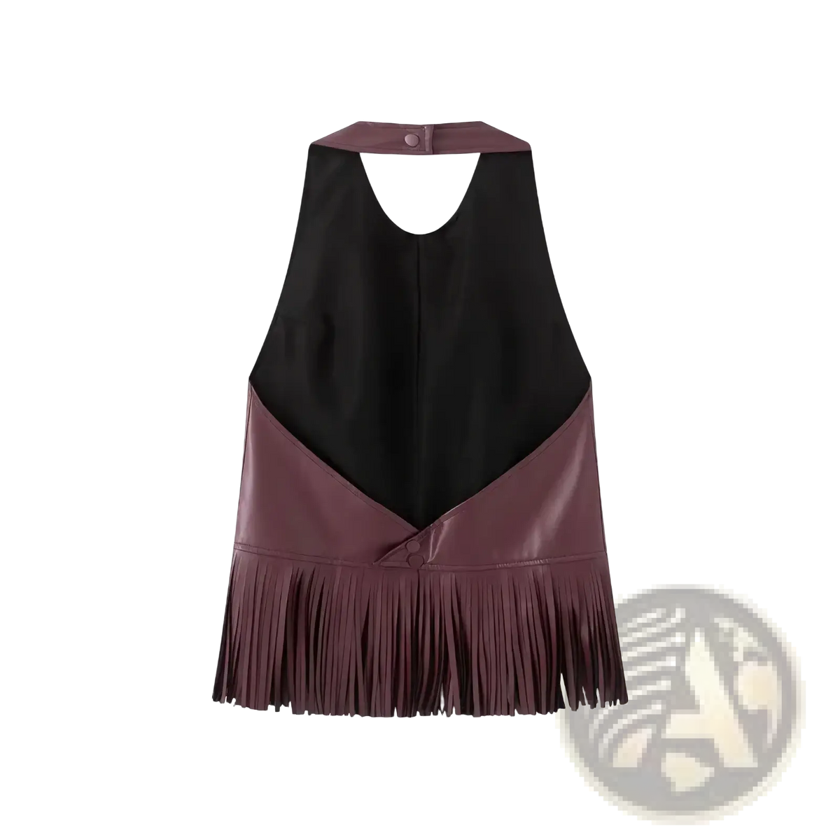 A black and burgundy faux leather halter vest with a fringed hem perfect for stylish casual wear