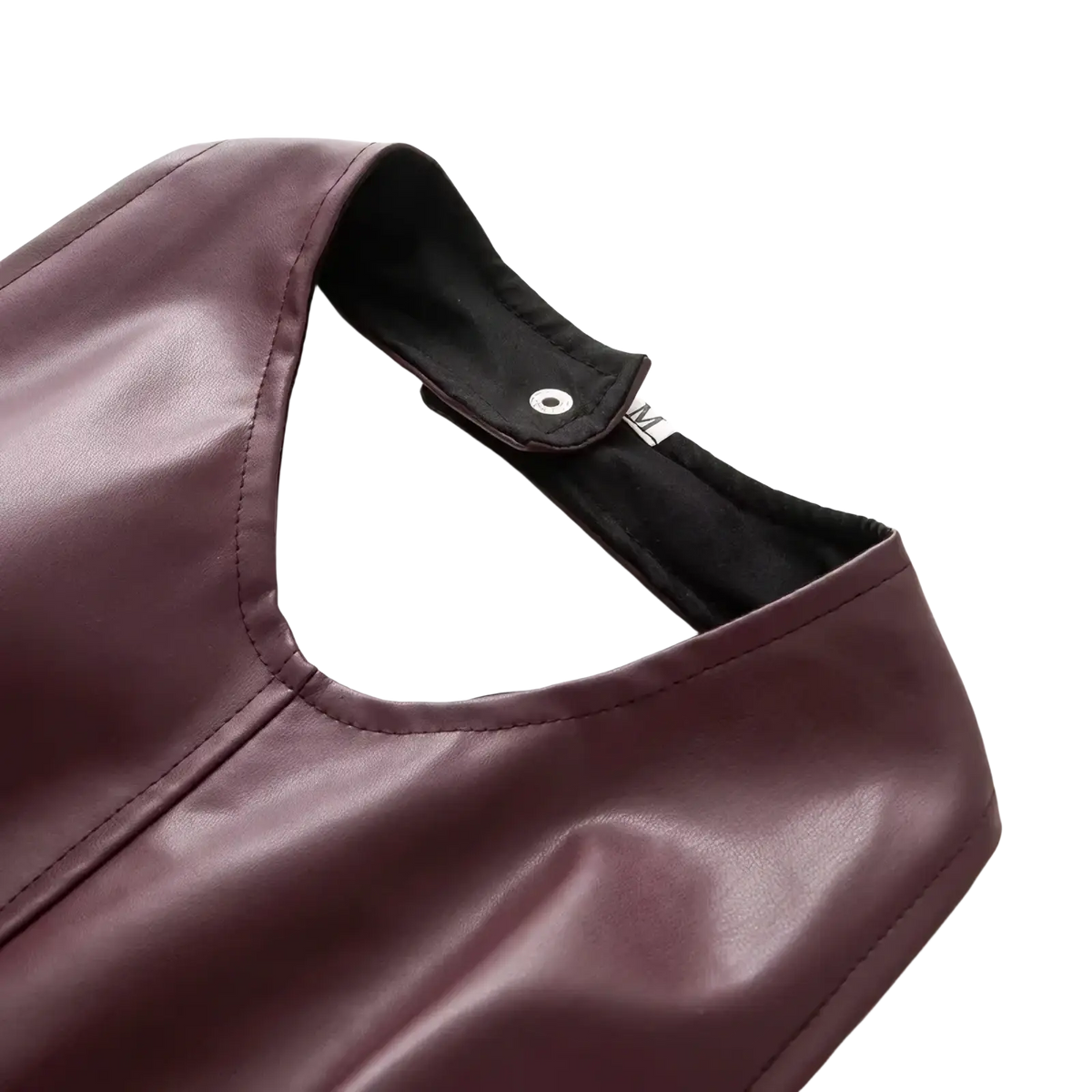 A maroon faux leather fringe halter vest with sleek glossy finish and black inner lining