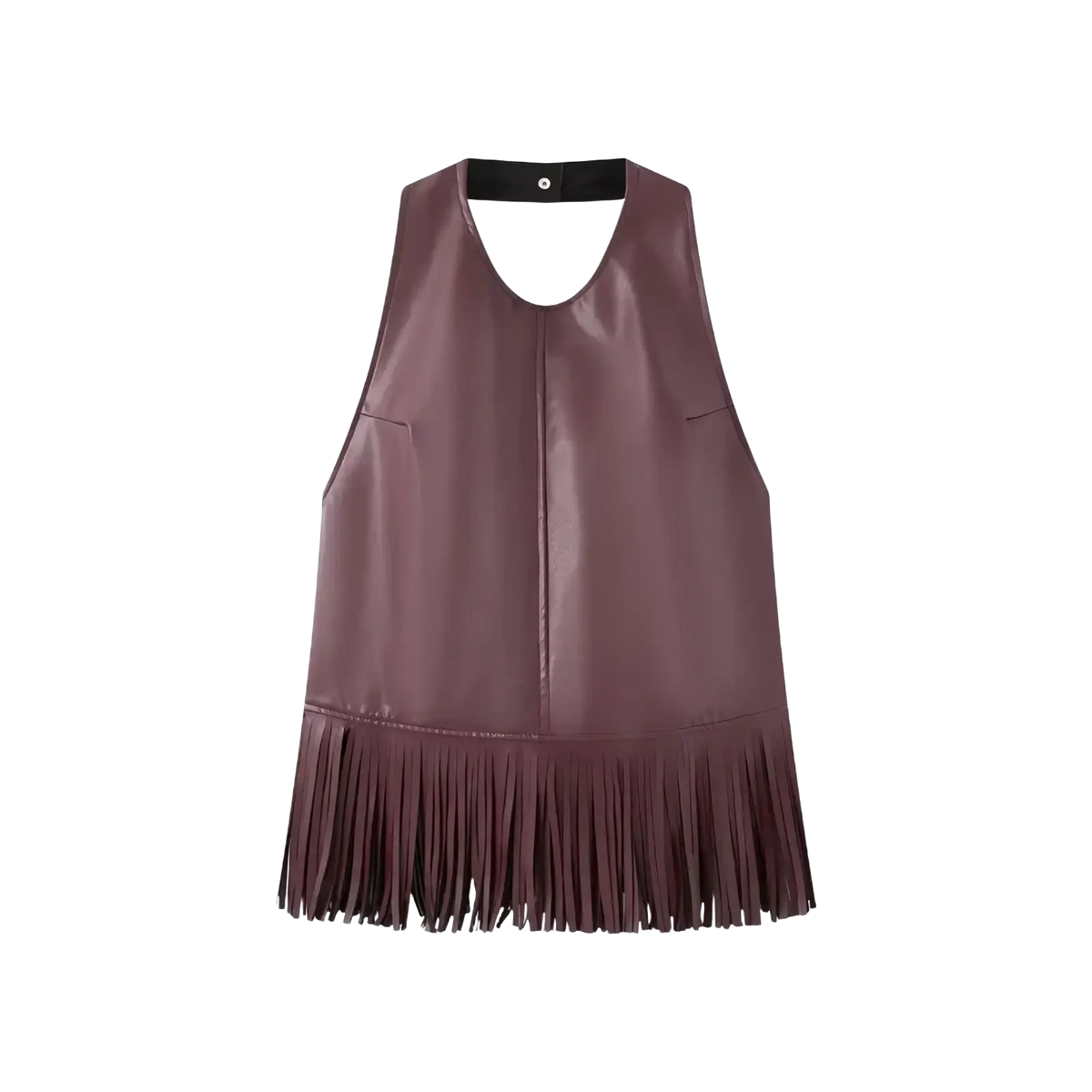 A mauve faux leather sleeveless halter vest with fringed hem and black adjustable neckband
