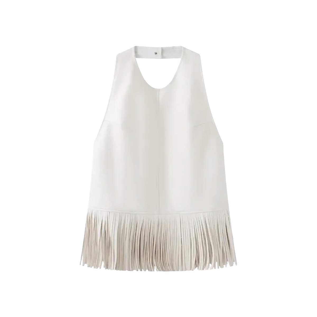 A sleek white faux leather halter vest with a flattering cutout neckline and elegant fringe hem