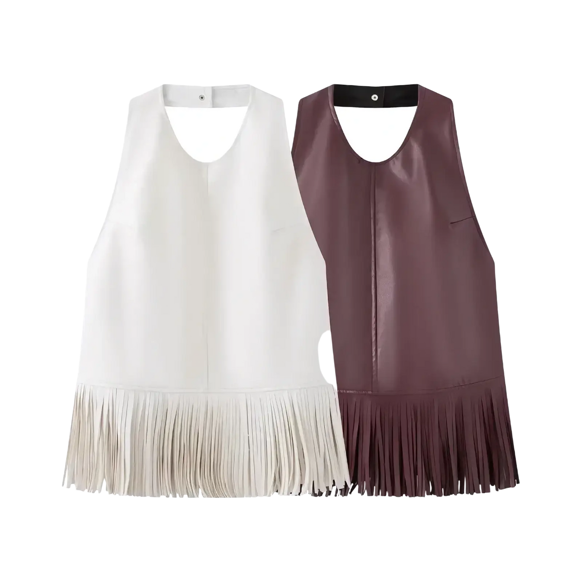 Two faux leather fringe halter vests in cream and burgundy with sleeveless design and matching fringes visible