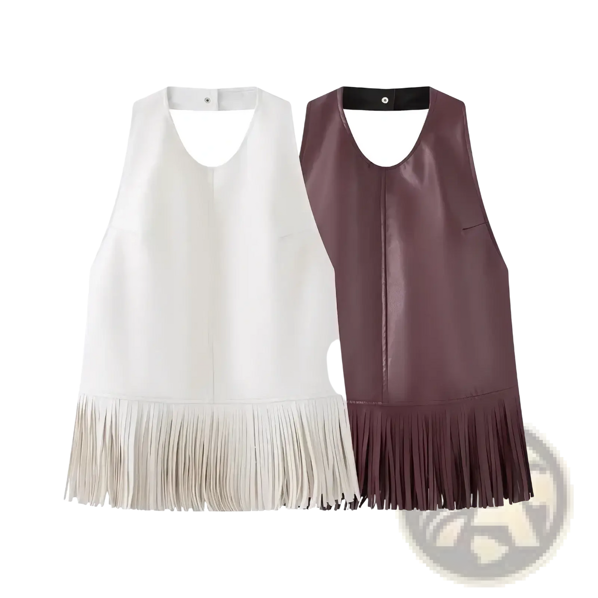 Two faux leather fringe halter vests in cream and burgundy with sleeveless design and matching fringes visible