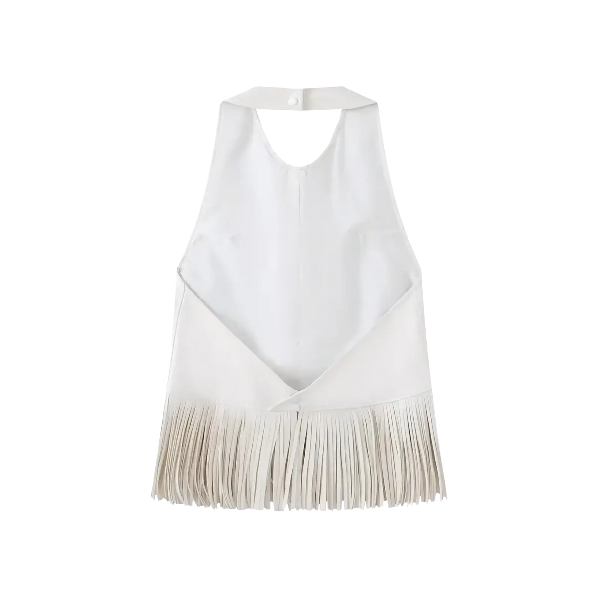 White faux leather halter vest featuring fringe detailing at the hem for a stylish and edgy look