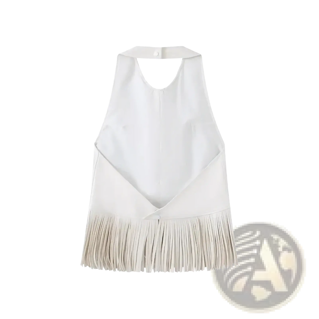 White faux leather halter vest featuring fringe detailing at the hem for a stylish and edgy look