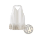 A sleek white faux leather halter vest with a flattering cutout neckline and elegant fringe hem