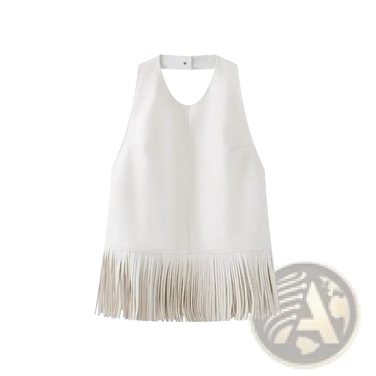 A sleek white faux leather halter vest with a flattering cutout neckline and elegant fringe hem