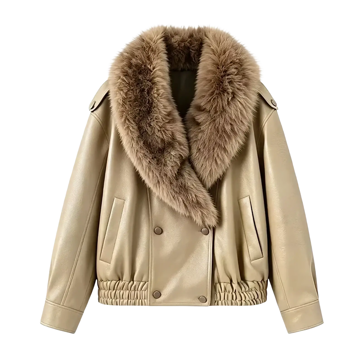 Beige faux leather moto jacket for women with plush tan fur collar ideal for winter bomber style
