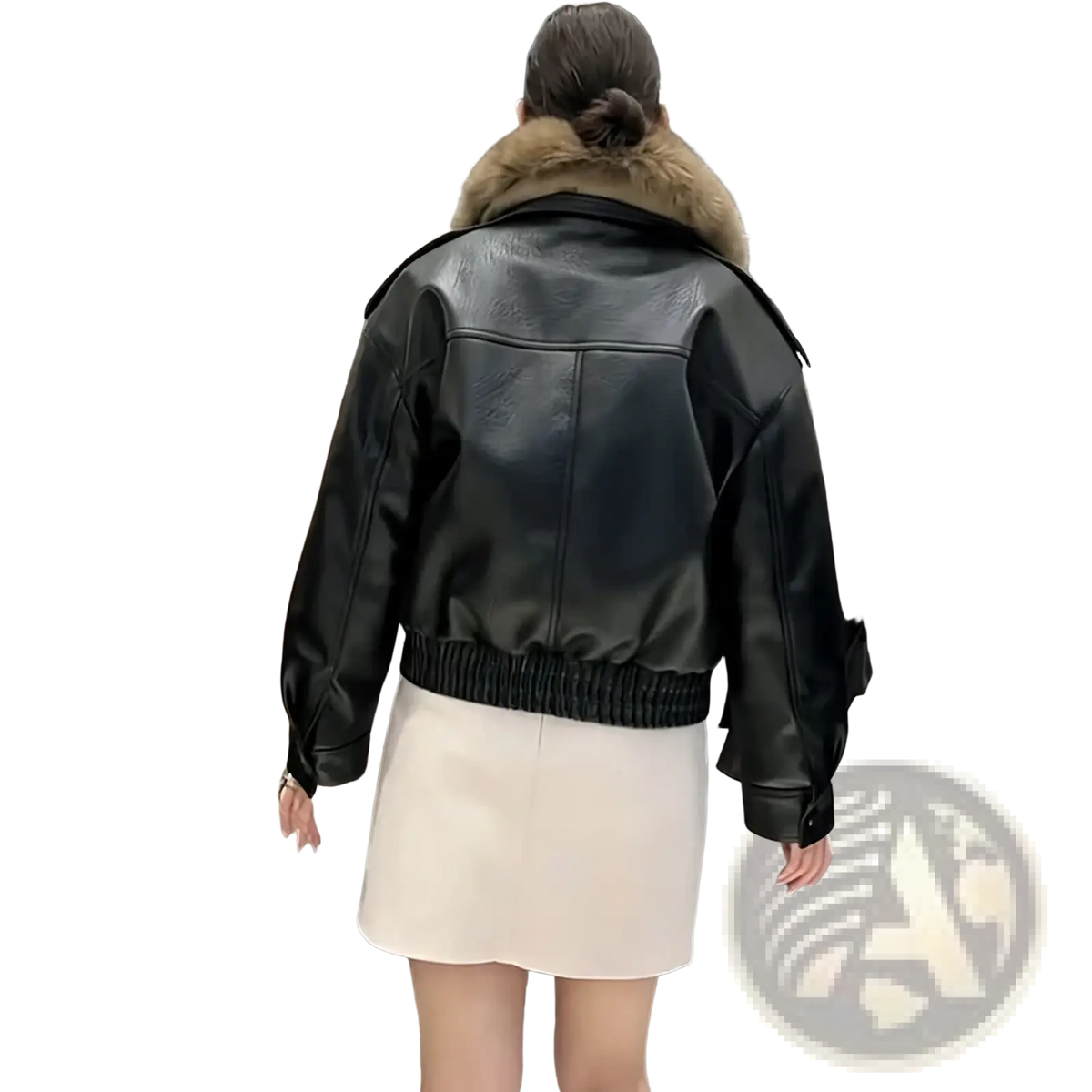 Black faux leather women bomber jacket with plush brown fur collar and elasticized waistband for winter wear
