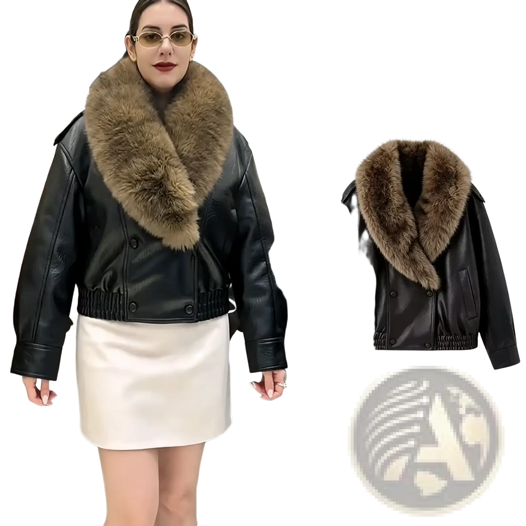 Black faux leather bomber jacket for women with a plush brown fur collar ideal for winter wear