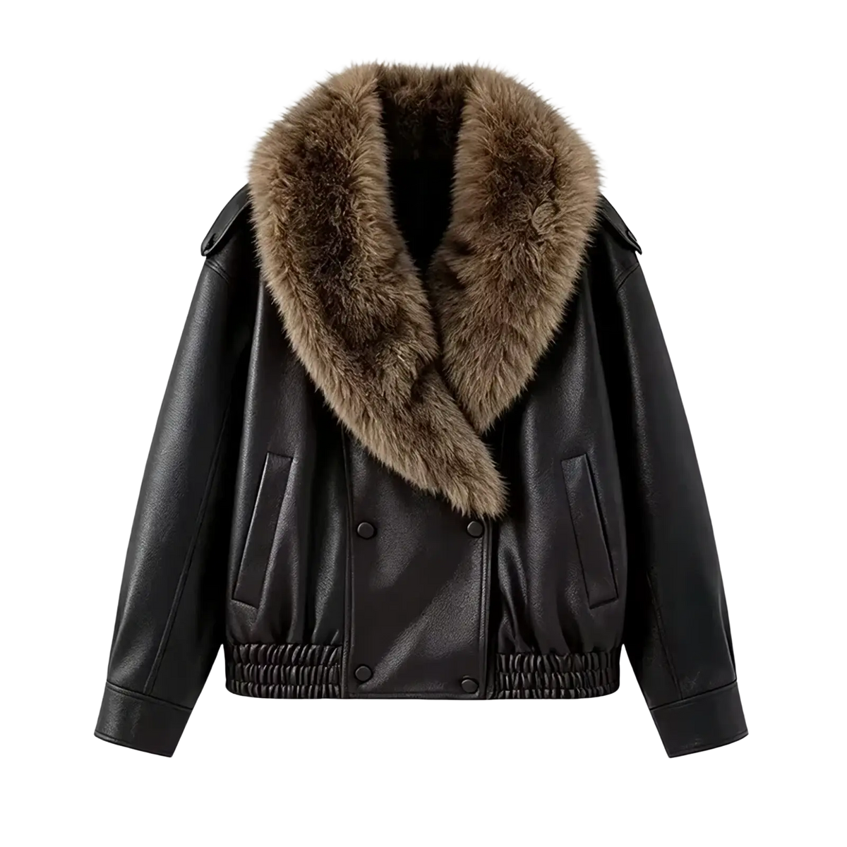Black faux leather women’s bomber jacket with a brown plush fur collar designed for winter wear