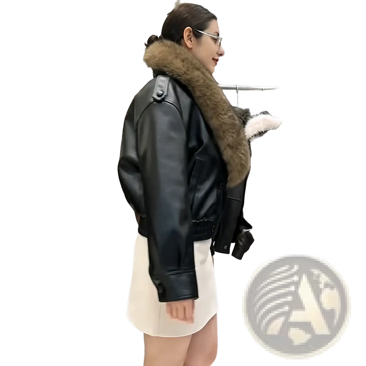 Black faux leather bomber jacket for women with brown fur-lined collar designed for winter wear