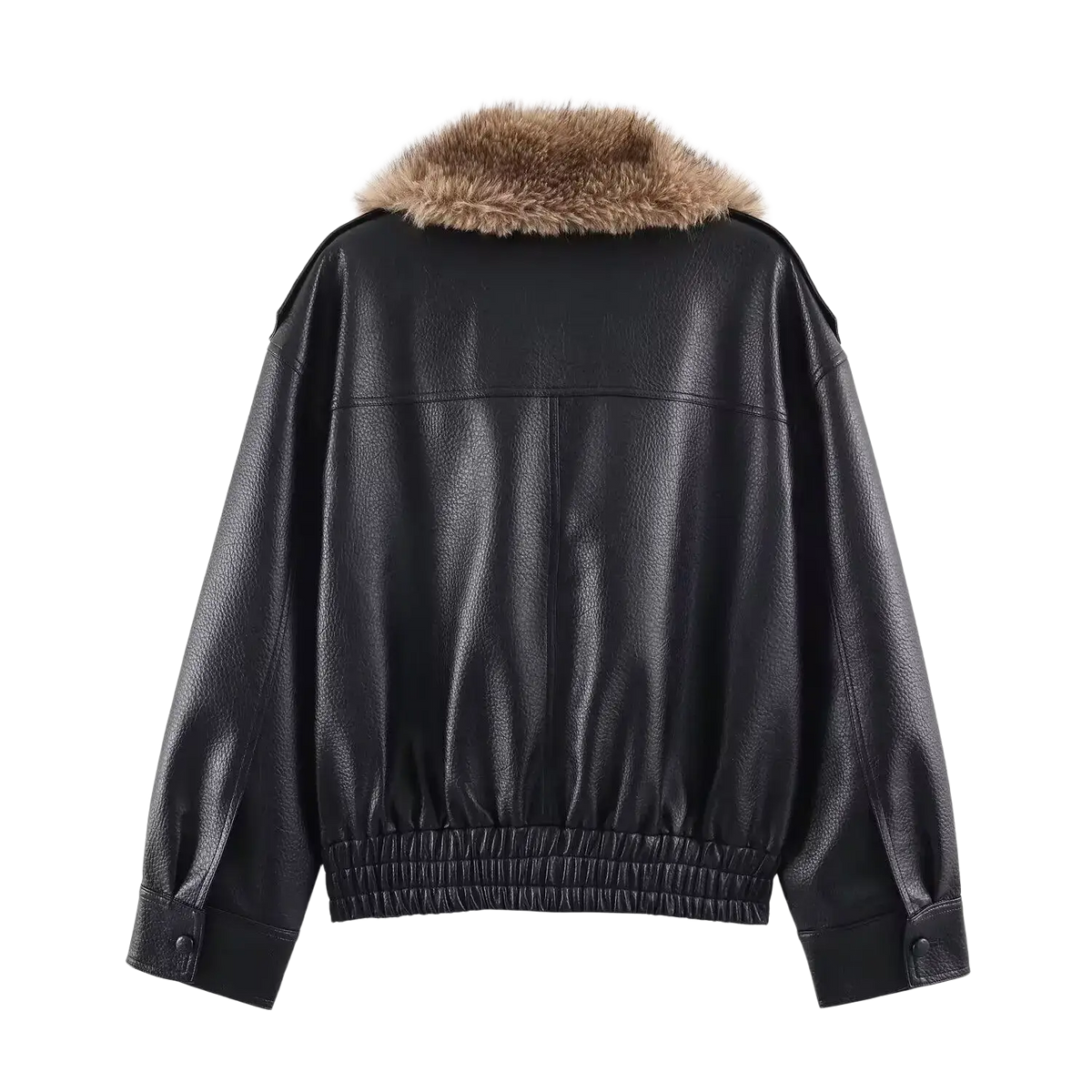Black faux leather winter bomber jacket for women with tan fur-lined collar for cold weather use