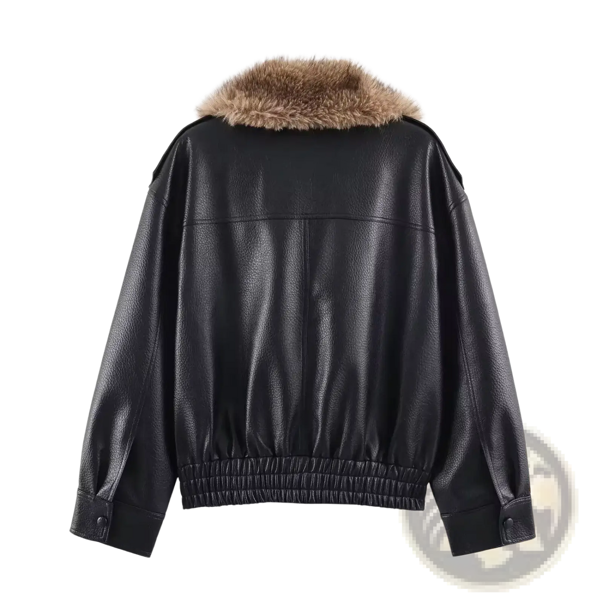 Black faux leather winter bomber jacket for women with tan fur-lined collar for cold weather use