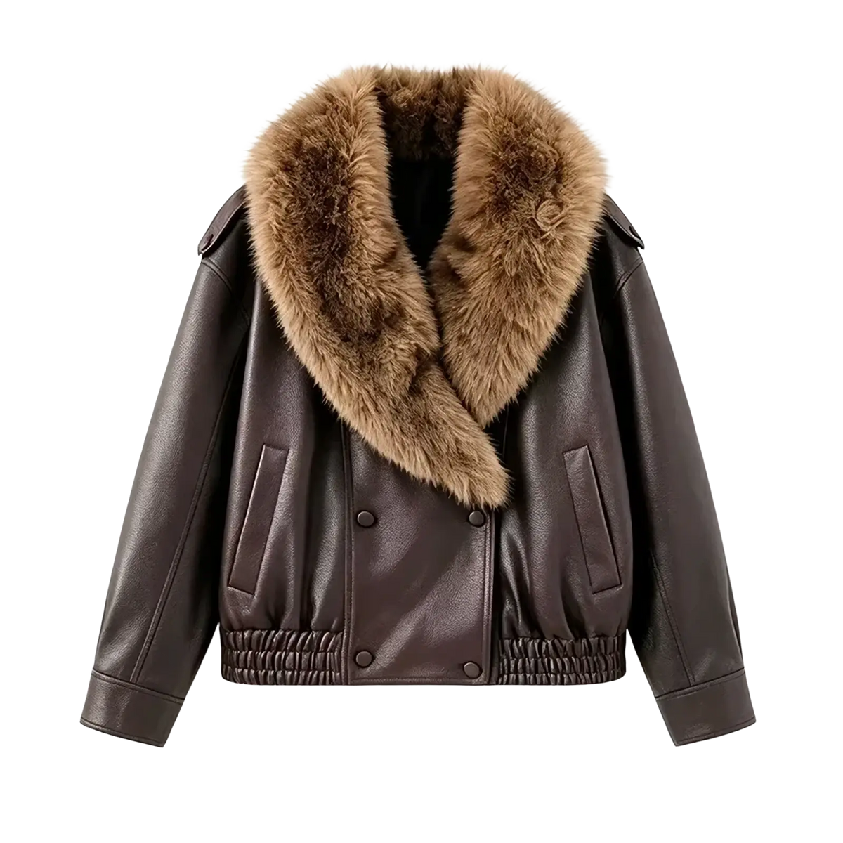 Brown faux leather women bomber jacket with plush tan fur collar ideal for winter wear visible from front view