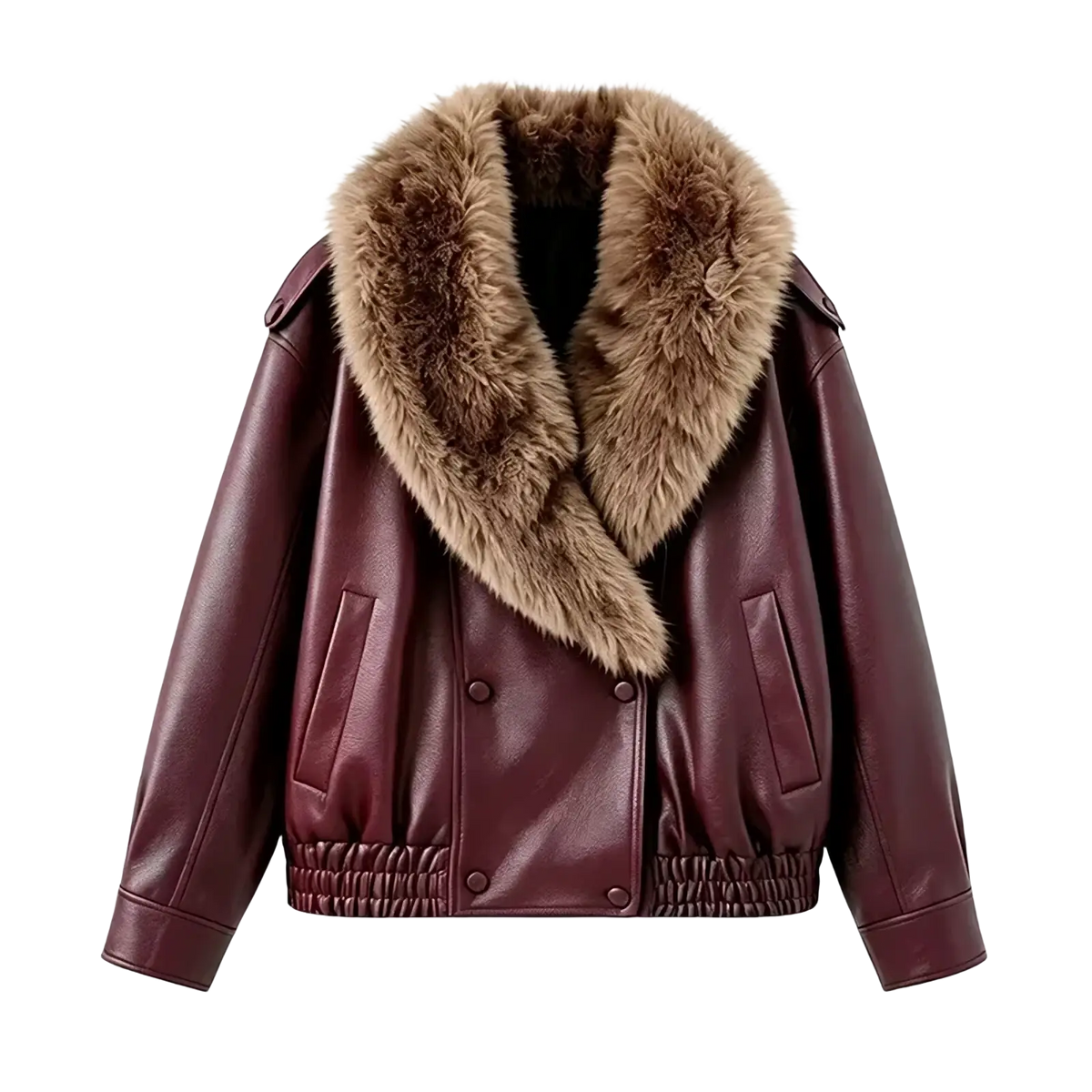 Burgundy faux leather women’s bomber jacket with plush tan fur collar designed for winter wear