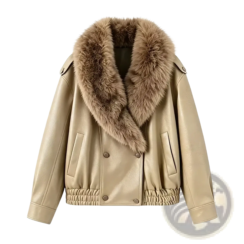 Beige faux leather moto jacket for women with plush tan fur collar ideal for winter bomber style