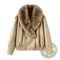 Beige faux leather moto jacket for women with plush tan fur collar ideal for winter bomber style