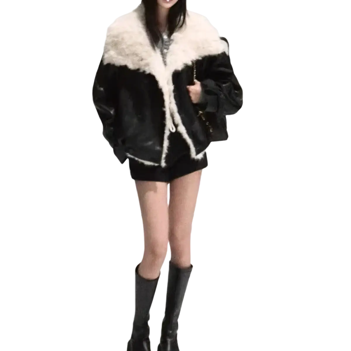 Black faux leather bomber jacket with white faux fur collar and trim in a plush shearling lined coat design