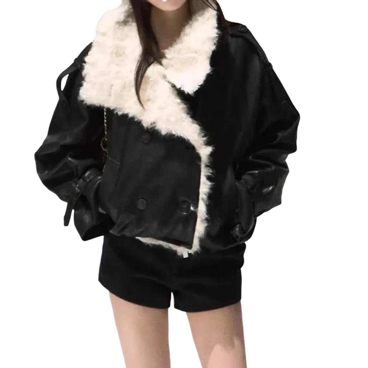 Black faux leather bomber jacket with plush white fur collar and fur lining for warmth and style