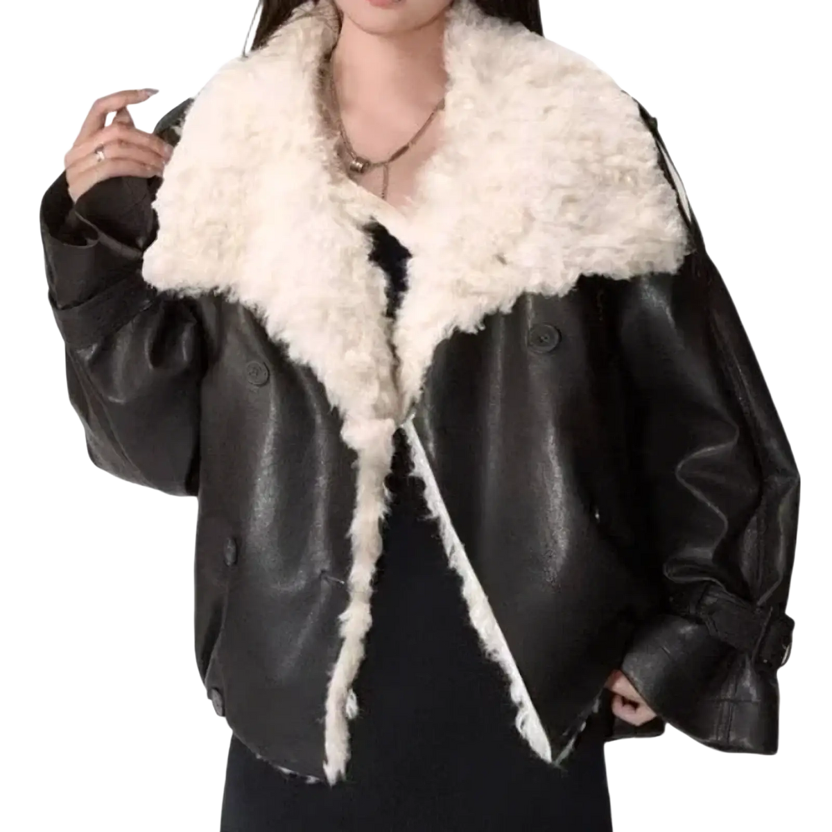 Black faux leather bomber jacket with plush white shearling collar and lining in a faux leather fur lined coat style