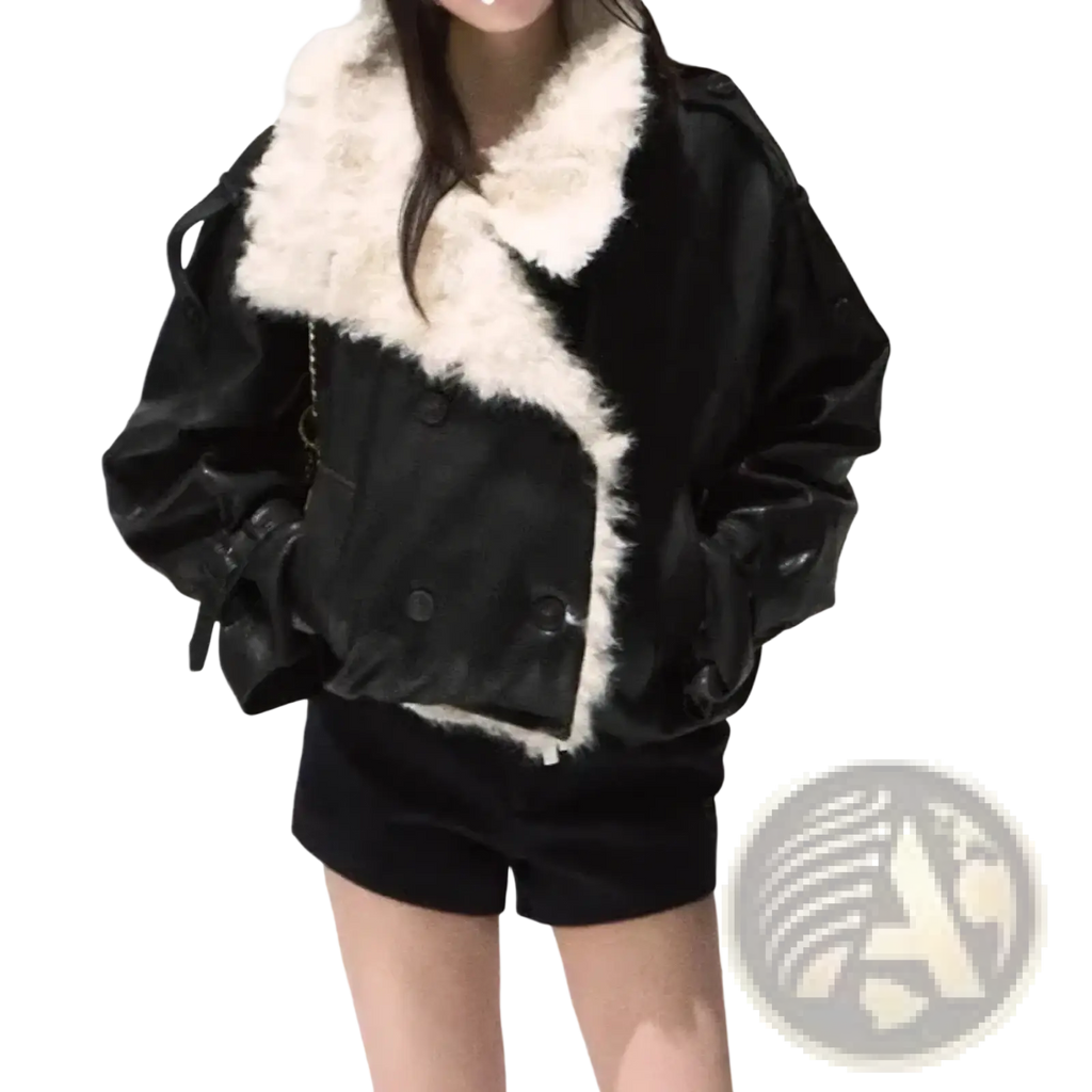 Black faux leather bomber jacket with plush white fur collar and fur lining for warmth and style