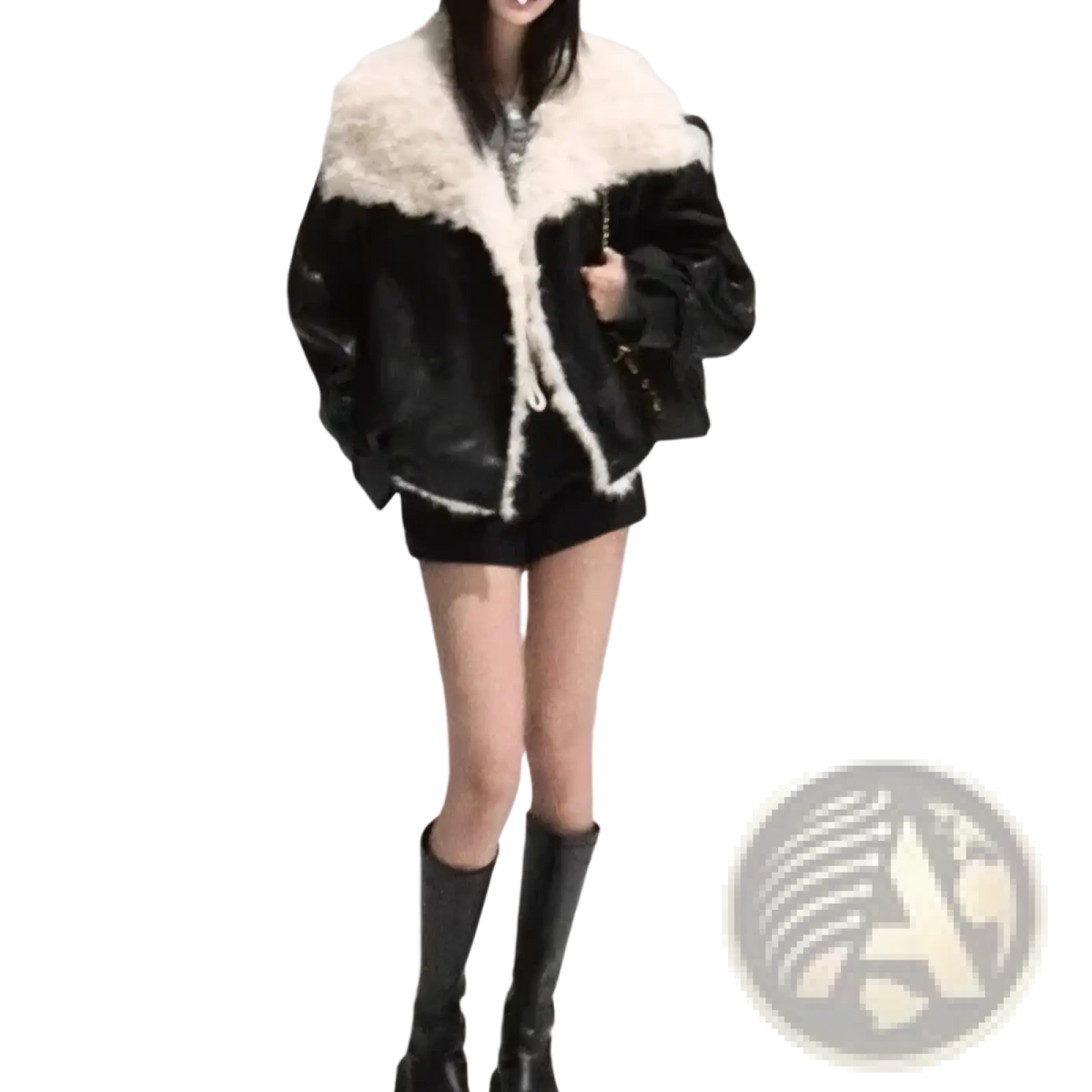 Black faux leather bomber jacket with white faux fur collar and trim in a plush shearling lined coat design