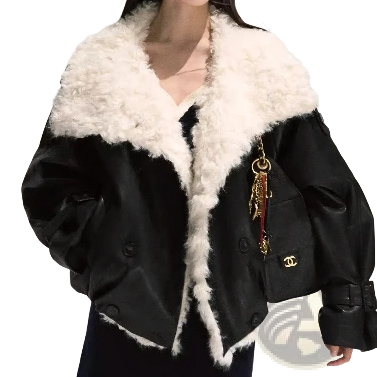 Black leather bomber jacket with plush white shearling collar and cuffs in faux leather fur lined coat style