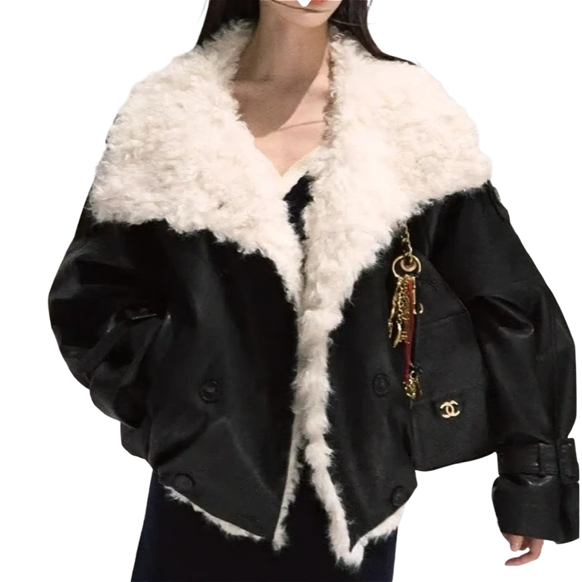 Black faux leather fur lined coat with plush white fur collar and cuffs for stylish cold weather wear